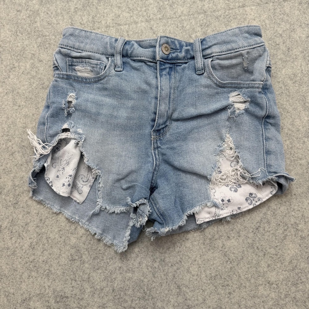 Hollister High Rise Midi Shorts Juniors 3 (25x3) Blue Distressed Denim Cutoff